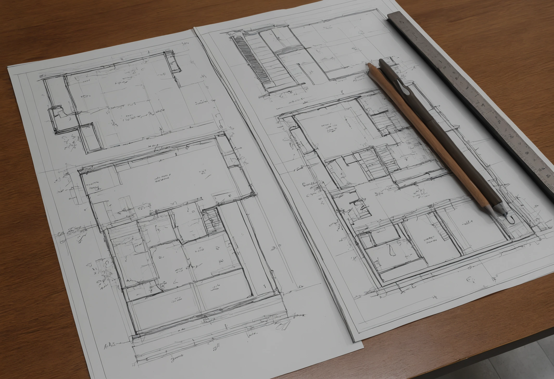 Architectural floor plan drawings of two villa layouts laid side by side on a drafting table with a scale rule