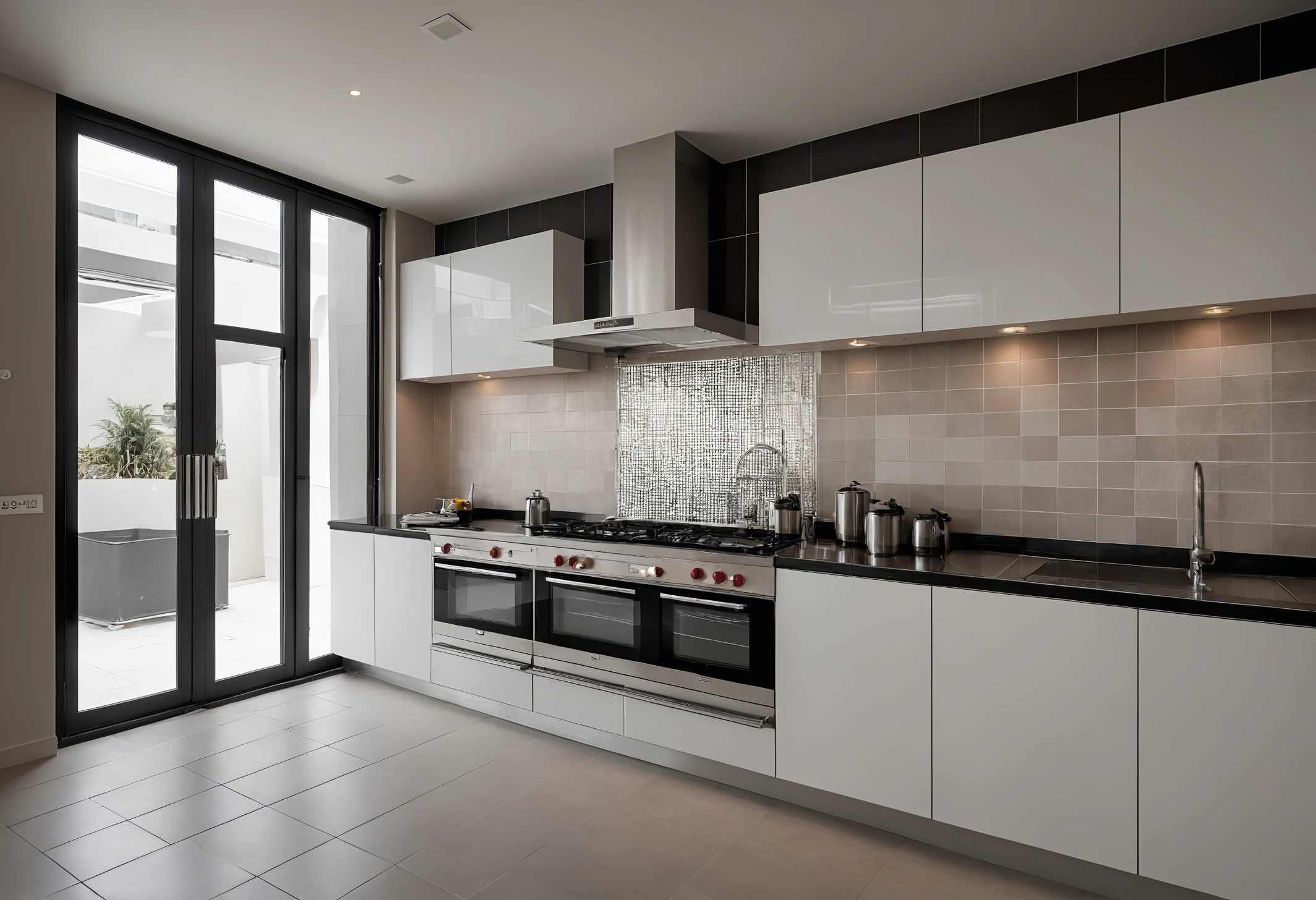 Closed wet kitchen with stainless steel worktops, high-output gas burners and a large extraction canopy