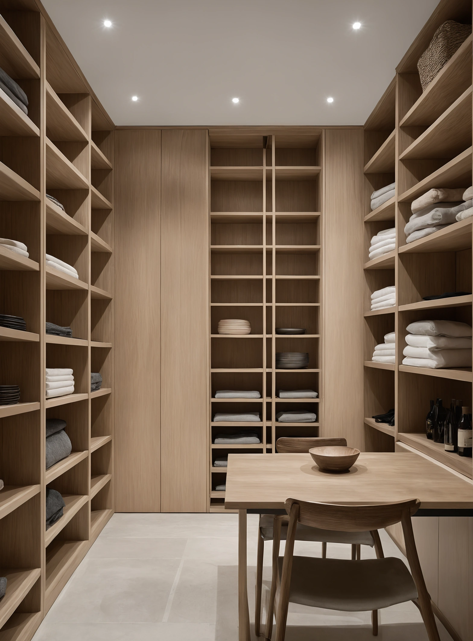 Walk-in storage room with floor-to-ceiling fitted joinery, open shelving and stacked linen boxes