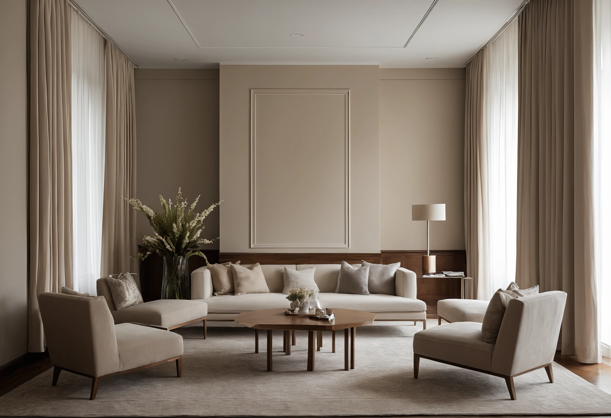 Formal reception room with upright upholstered armchairs arranged around a low stone table on a patterned rug